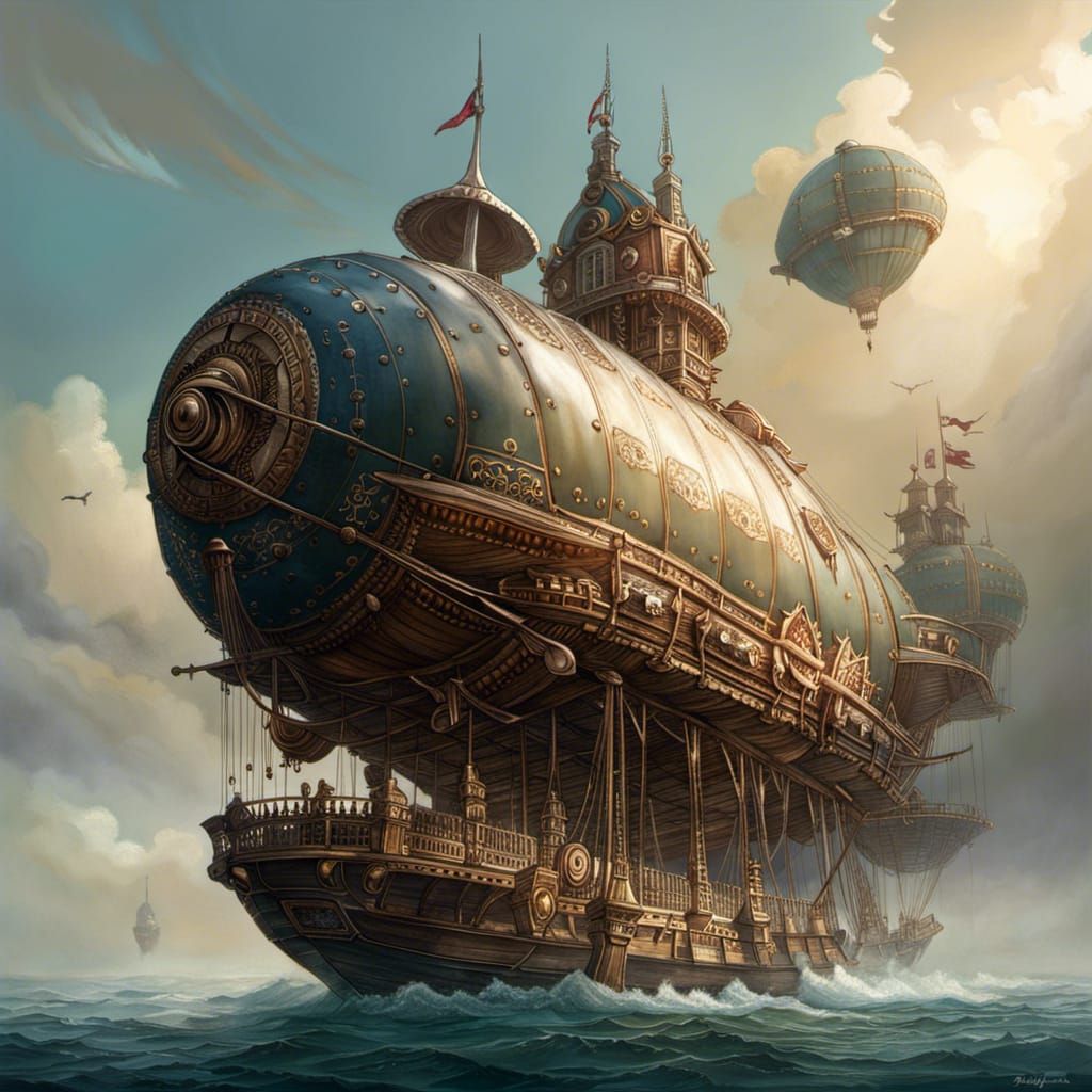 Detailed Fantasy Airship Over Water