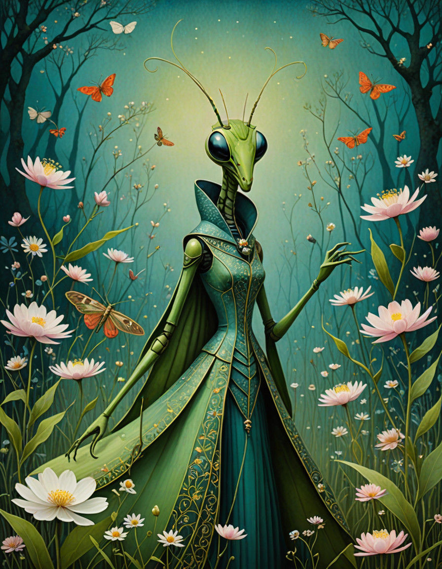 Ethereal Mantis Goddess Amidst Vibrant Blossoms