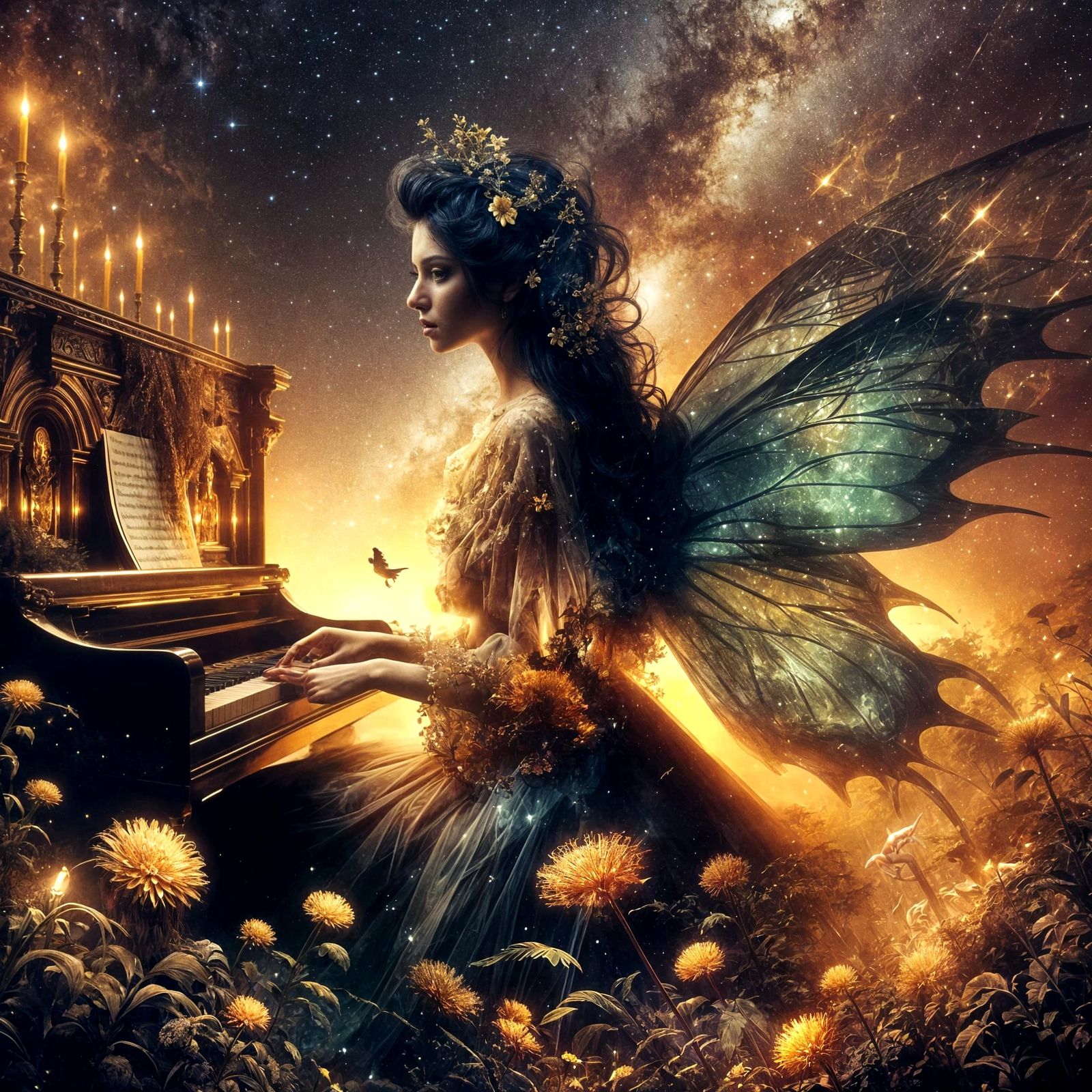 Noir Fairy Plays Piano in Dream Garden