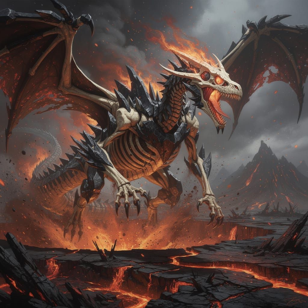 Skeletal Dragon Erupts From Volcanic Ash in Cinematic Dark F...