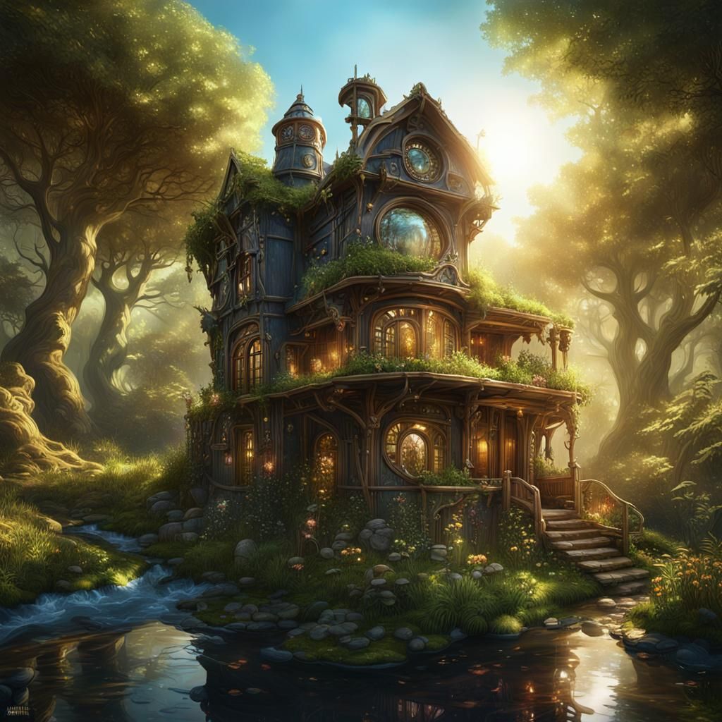 Art Nouveau Witch House in Steampunk Style