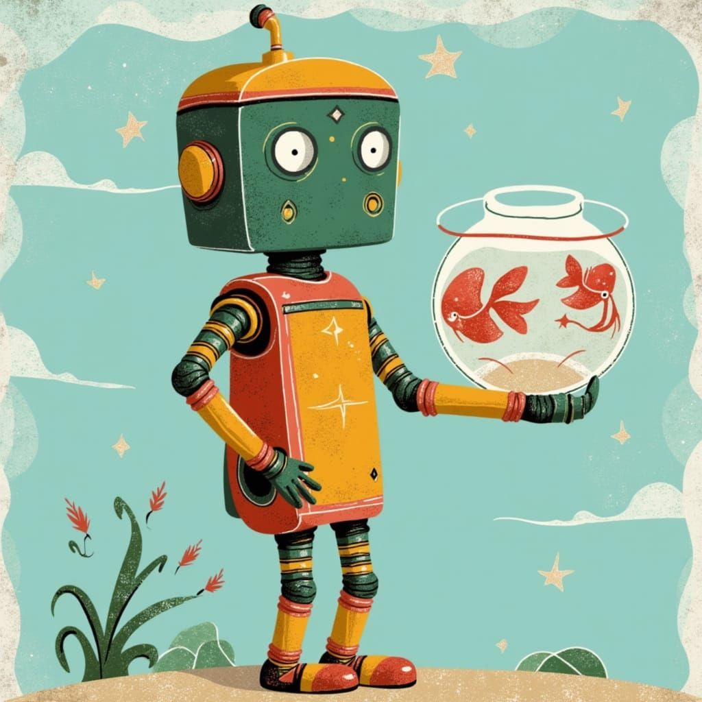 Cute Robot Holding a Fishbowl in Boho Style
