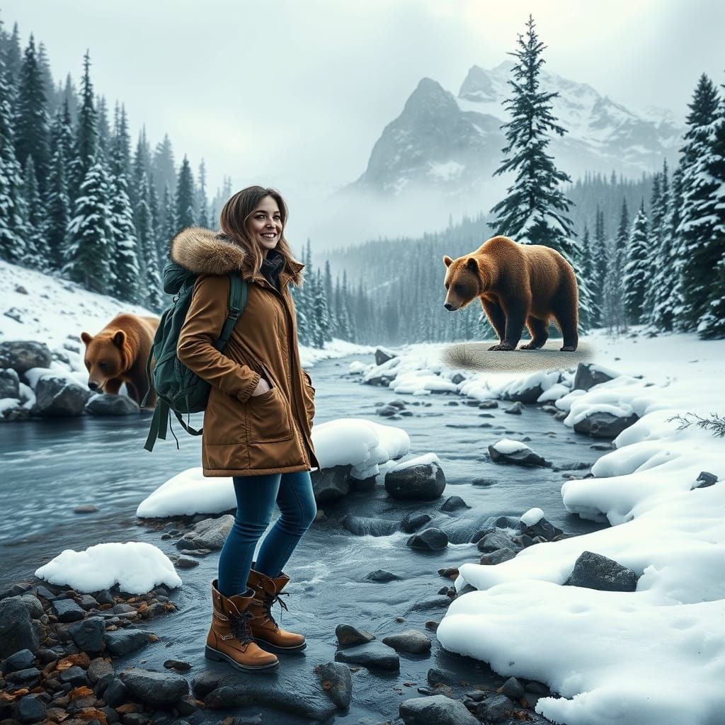 Woman, Bear, and Stream: Photorealistic Abstract Collage