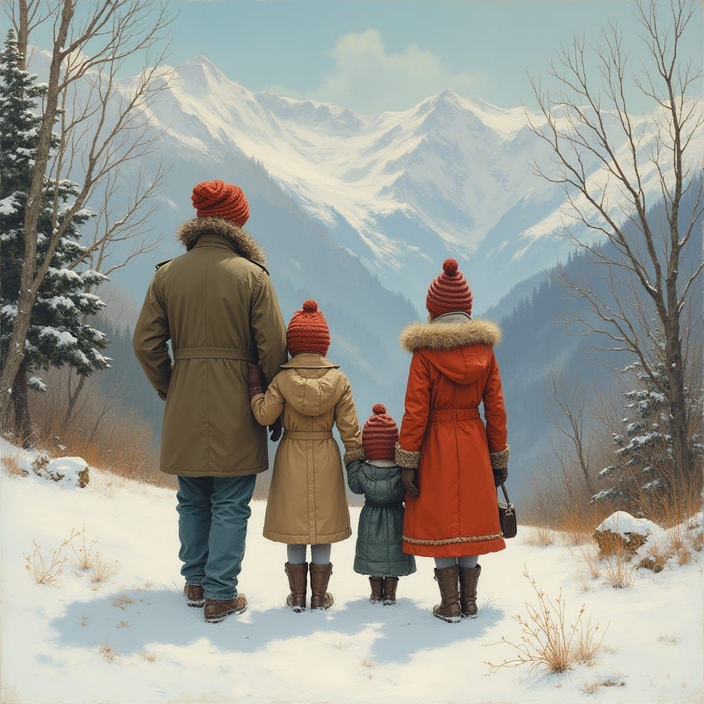 Albino Family Portrait in Snowy Mountain Landscape