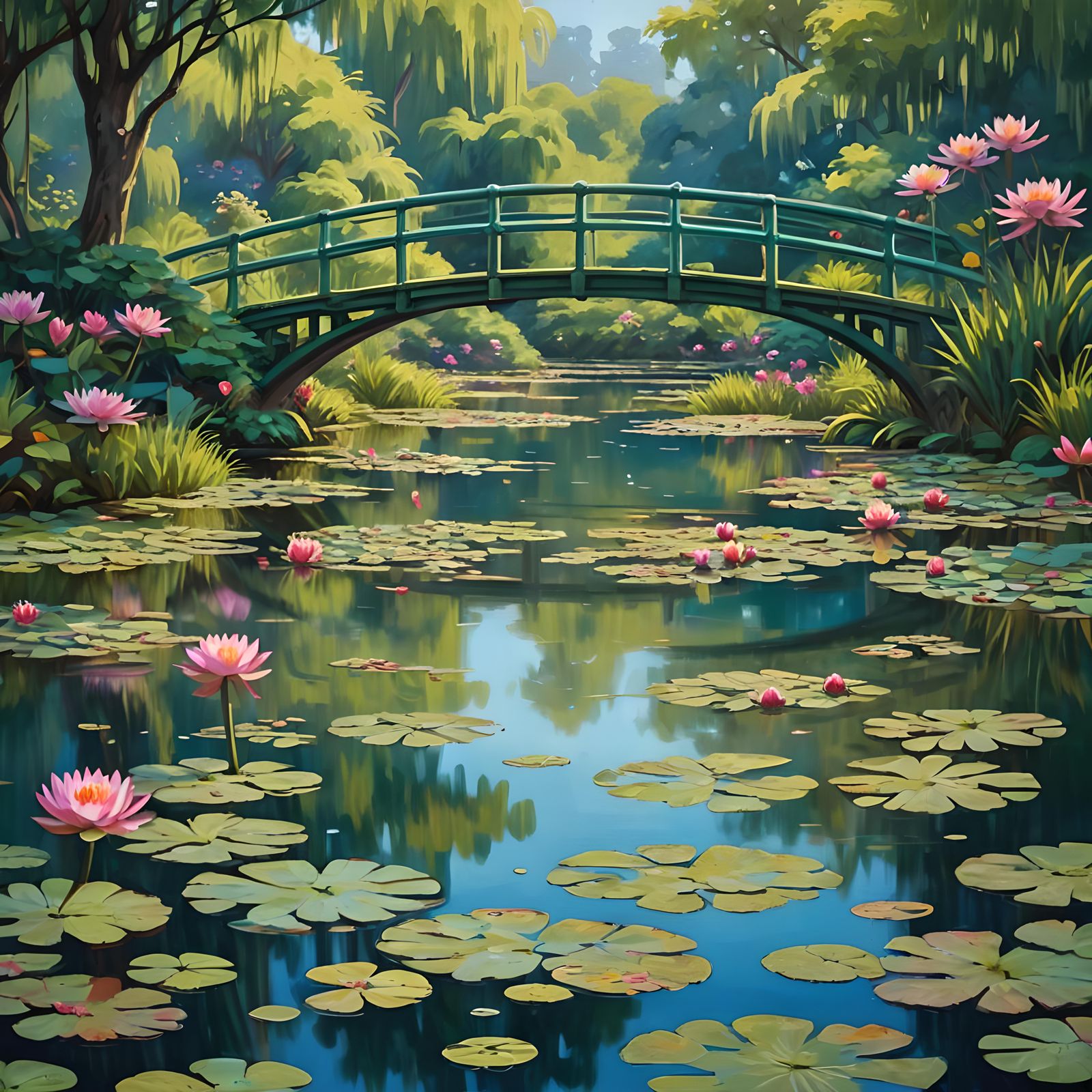 Water Lily Pond Digital Painting in Impressionistic Style