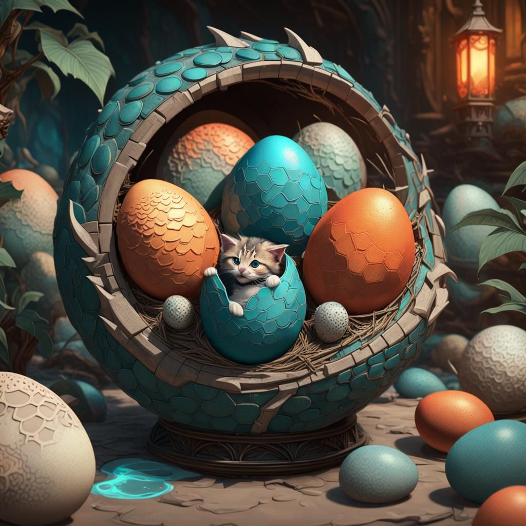Dragon Egg Hatching: Kitten and Dragon Art