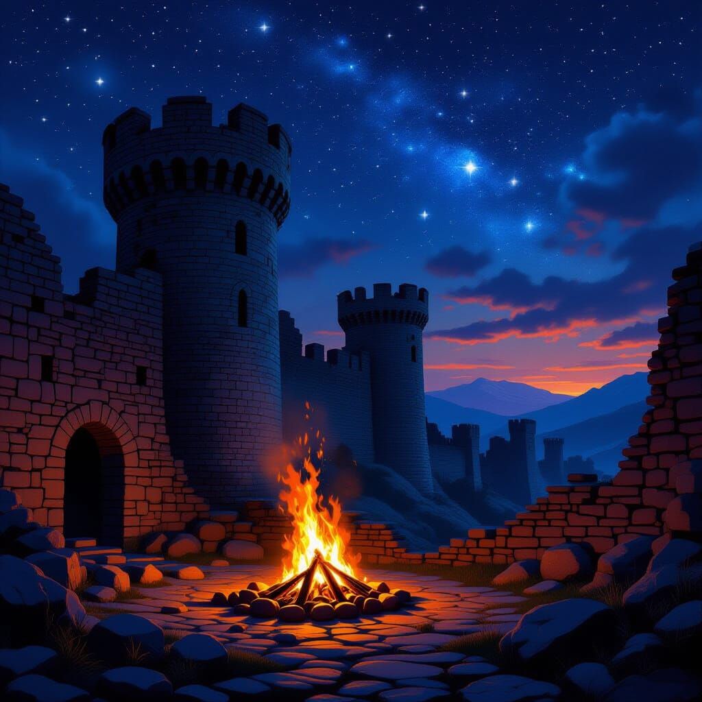 Medieval Fortress Ruins With Bonfire At Night