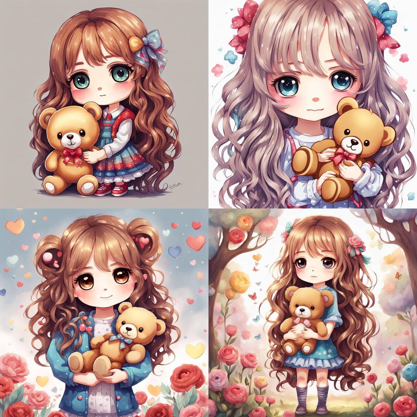 Adorable Chibi Girl with Teddy Bear, Detailed Digital Art