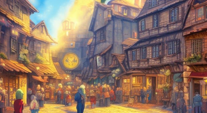 Bustling Medieval Street in Ghibli Cartoon Style