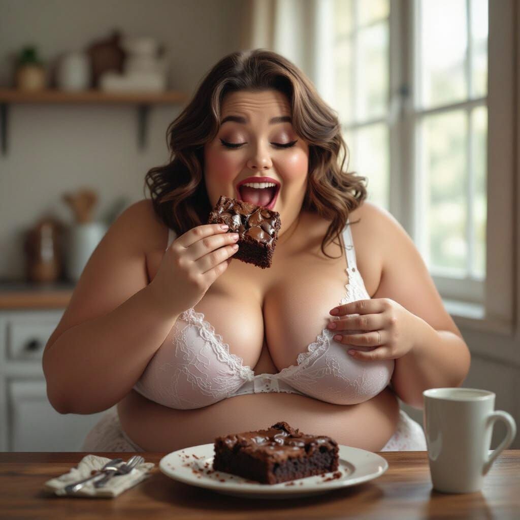 Voluptuous Woman Enjoys Brownie in Hyperrealistic Style