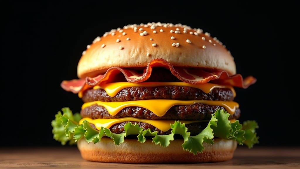 Succulent Triple-Layered Hamburger in Dark Cyberpunk Style