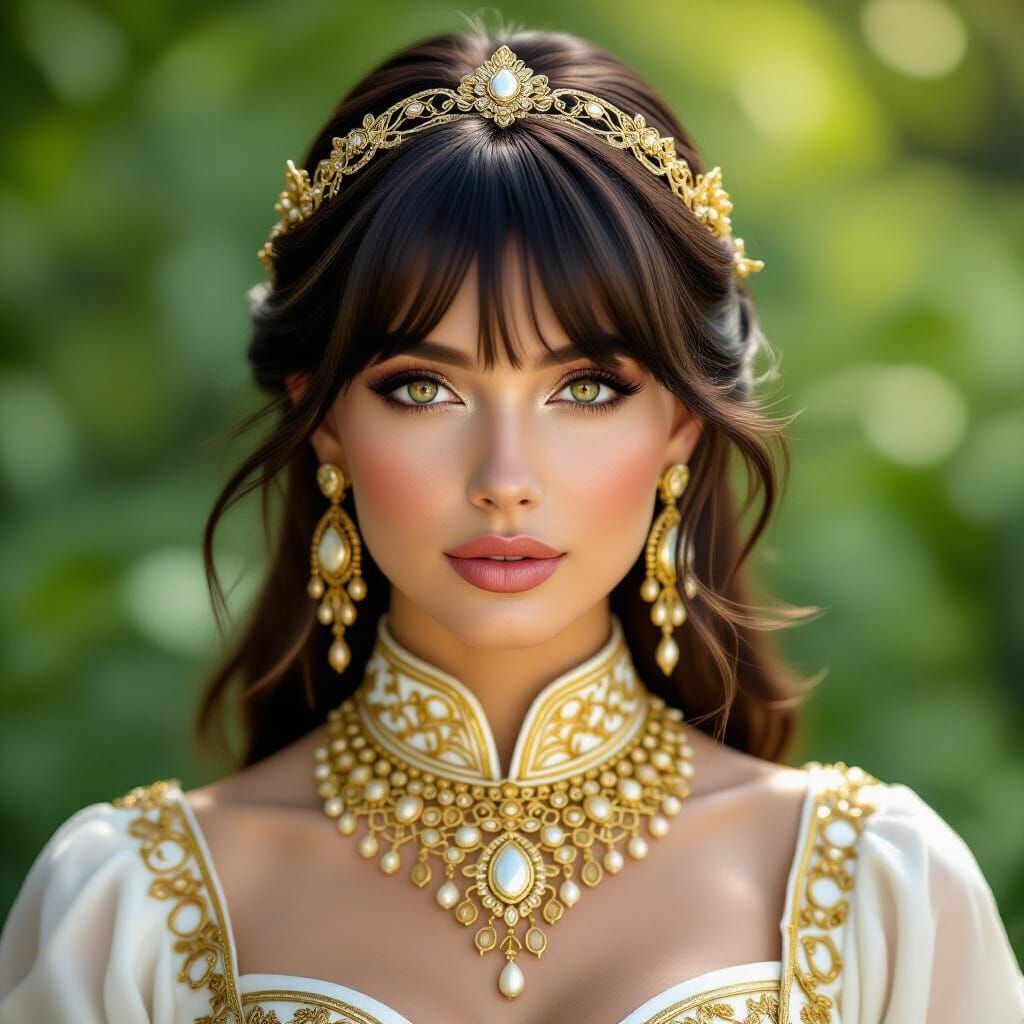 Elegant Woman with Golden Jewelry in Lush Setting