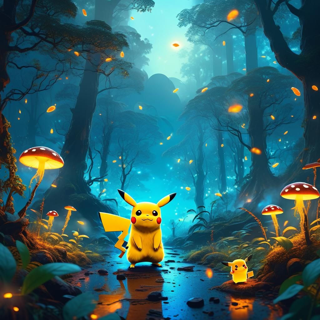 Pikachu in Misty Forest: Vibrant Digital Art