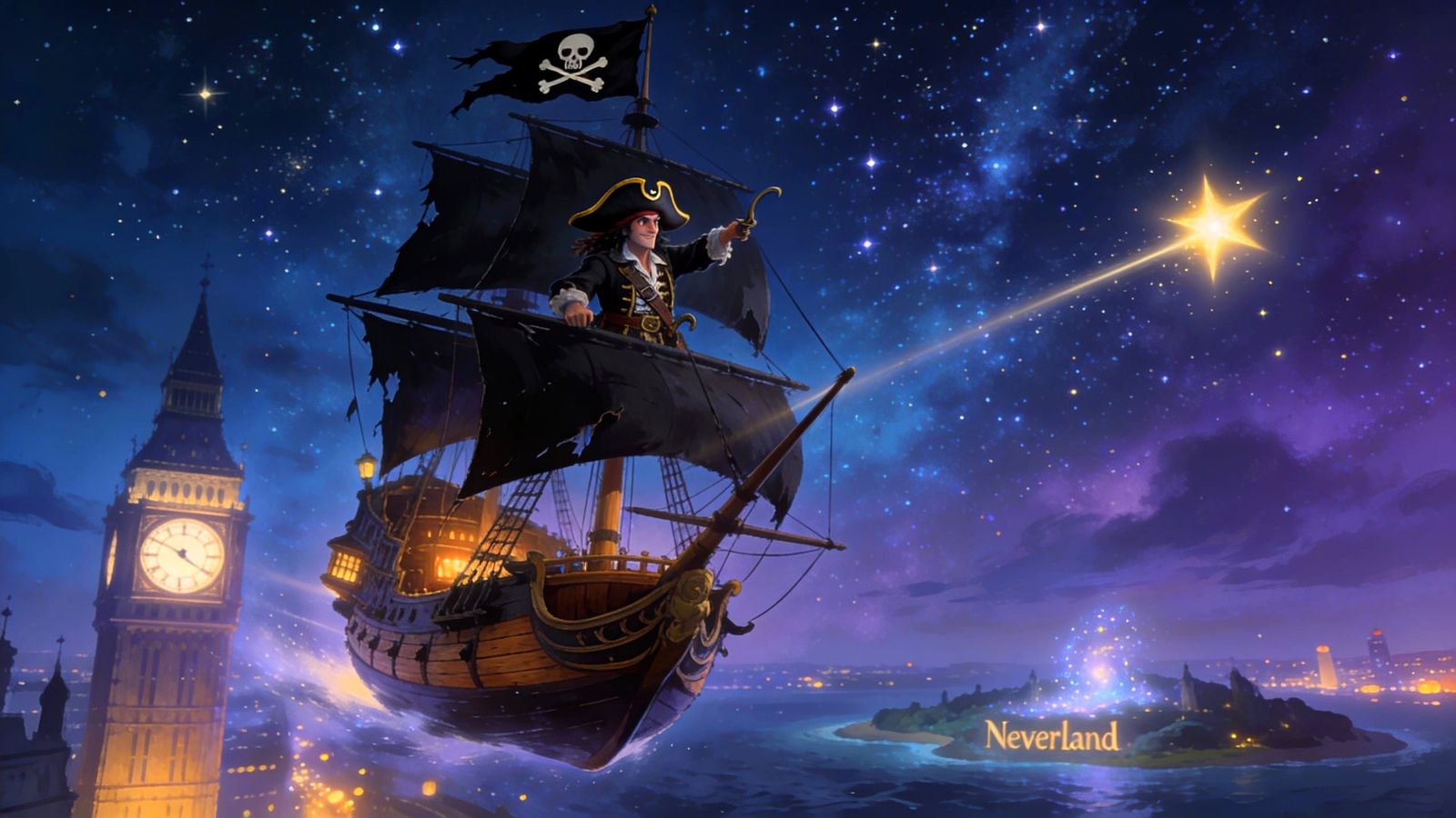 Captain Hook's Ship Sails Past Big Ben to Neverland