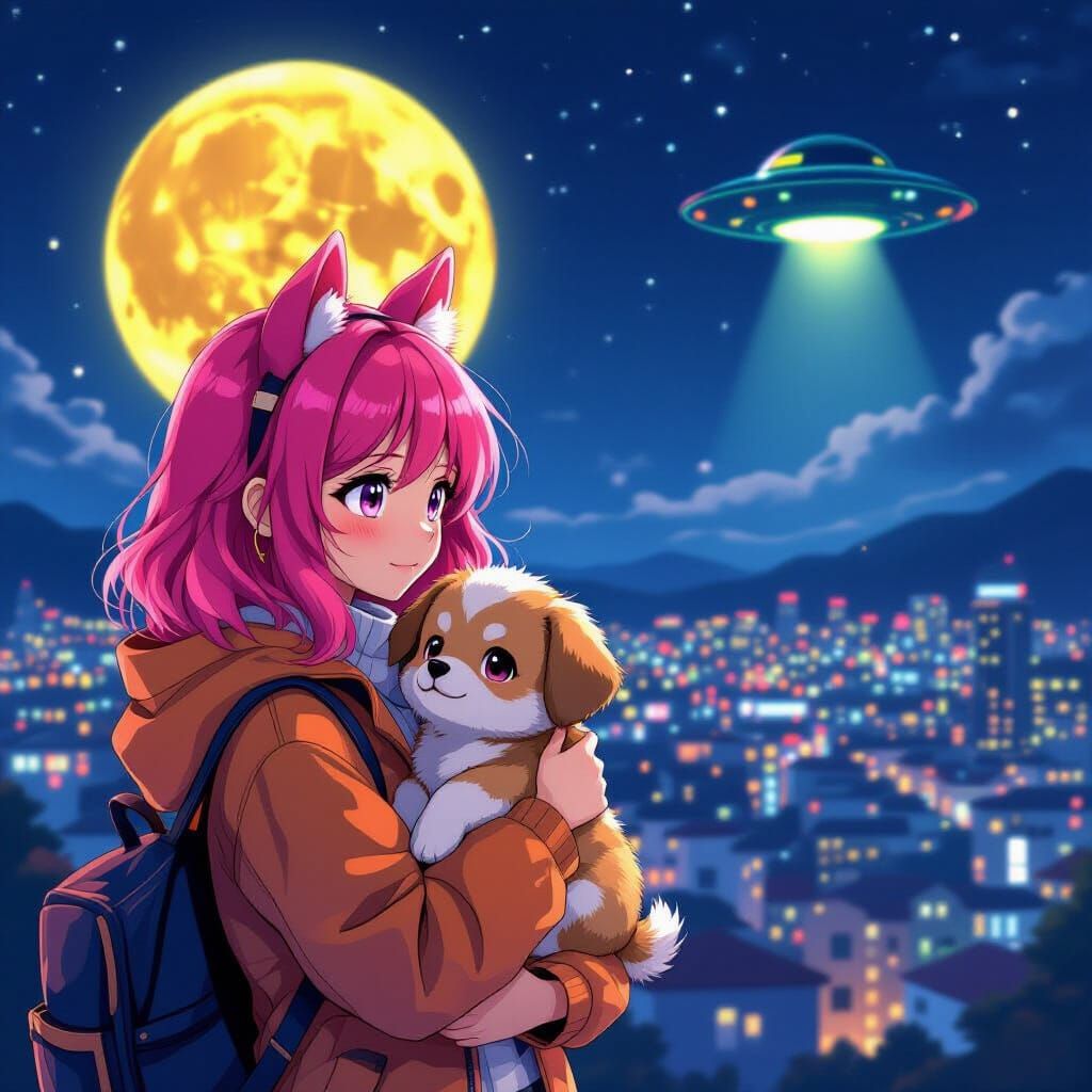 Anime Girl with Horse Ears and Puppy in Cityscape