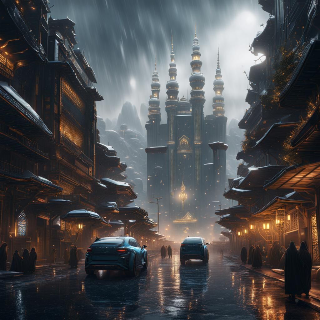 Futuristic Mecca Cityscape in Winter Rain