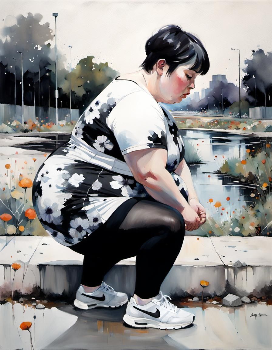 Woman Squatting in City Park: Expressionist Oil Painting