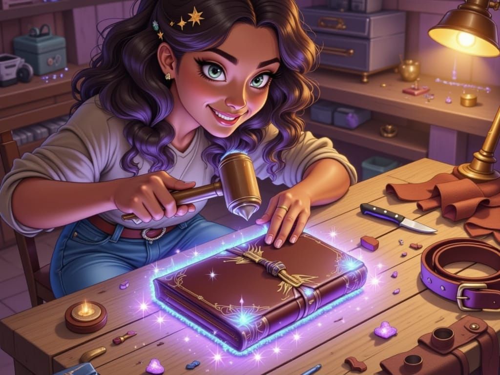 Crafting Magic: Woman Hammers Glowing Leather Book