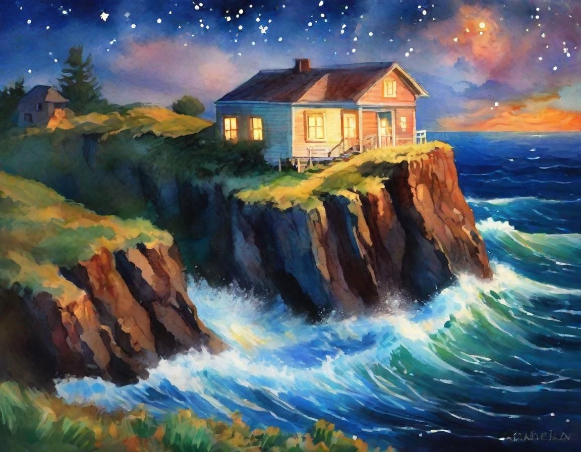 House Near Cliff in Gouache Style