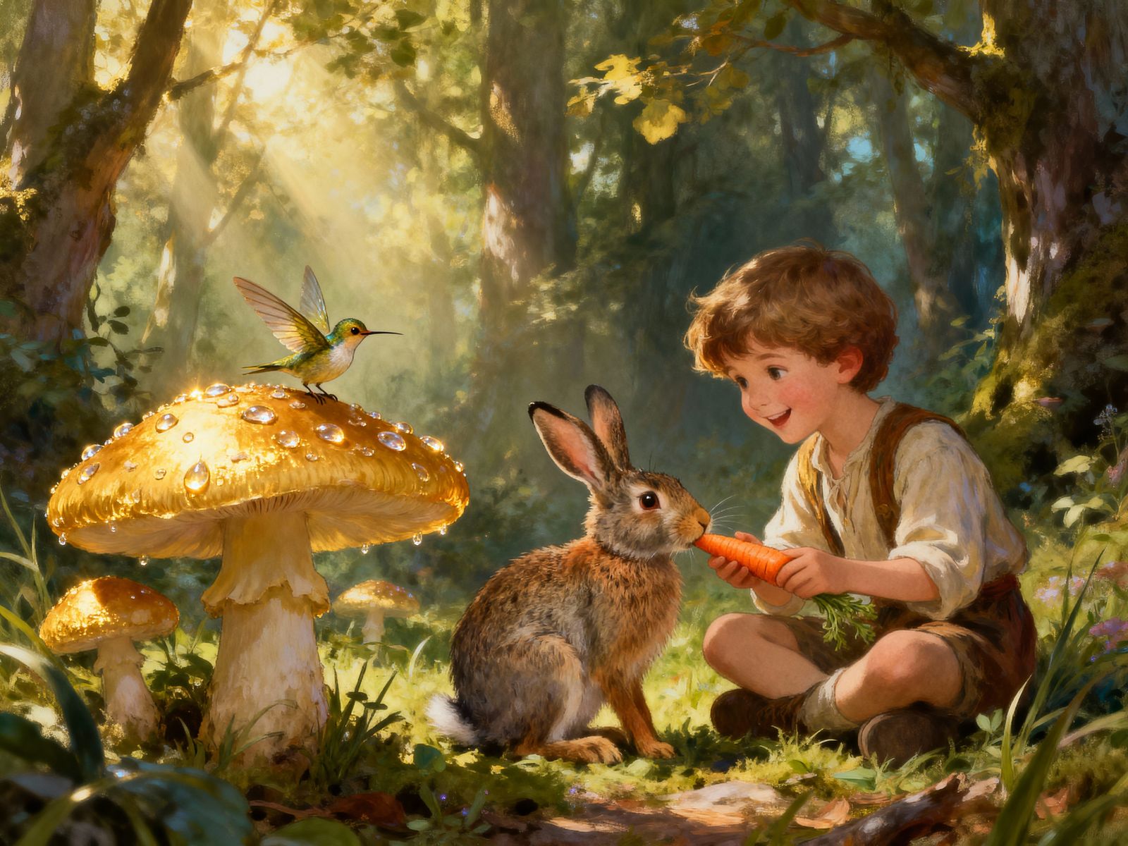 Forest Spirit Watches Child Share Carrot With Rabbit