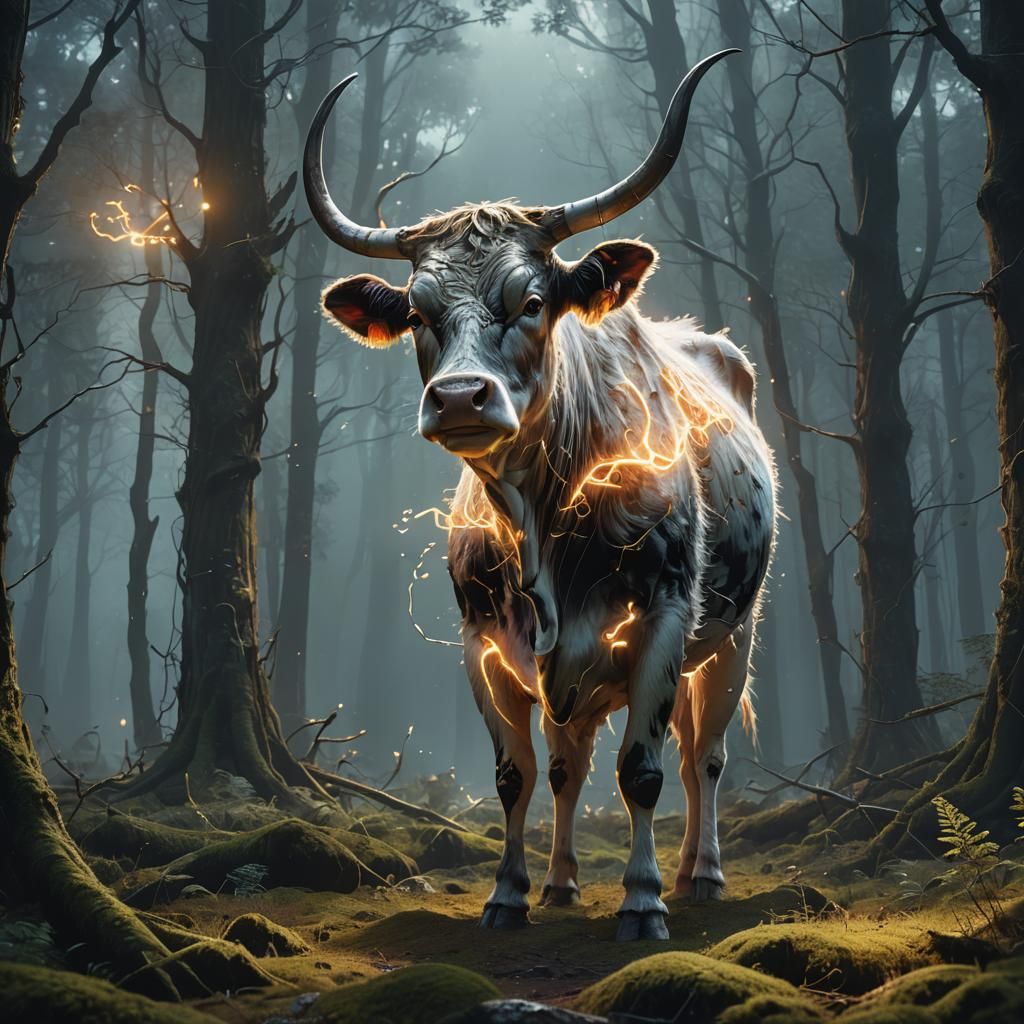 Mystical Forest Cow in a Fantastical Matte Painting