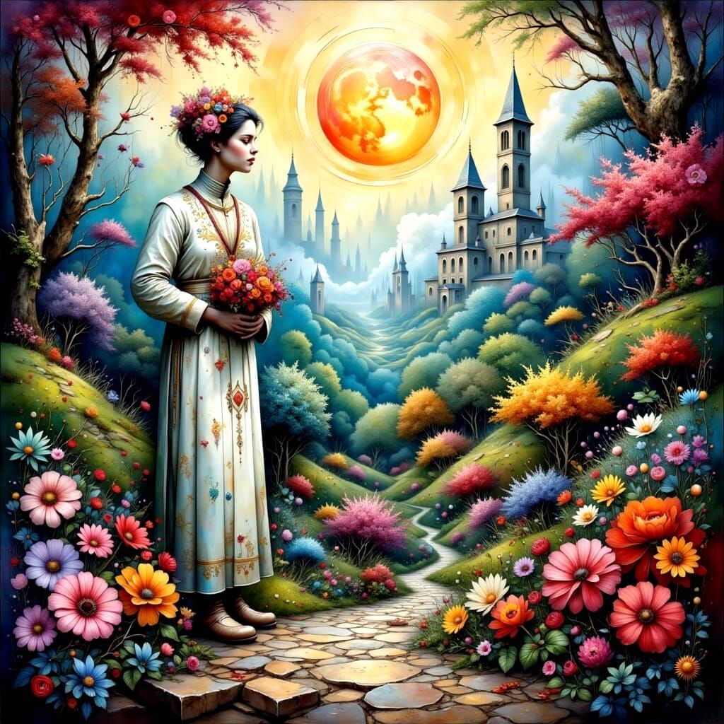 Lush Landscape with Modern City Views in Mixed Media