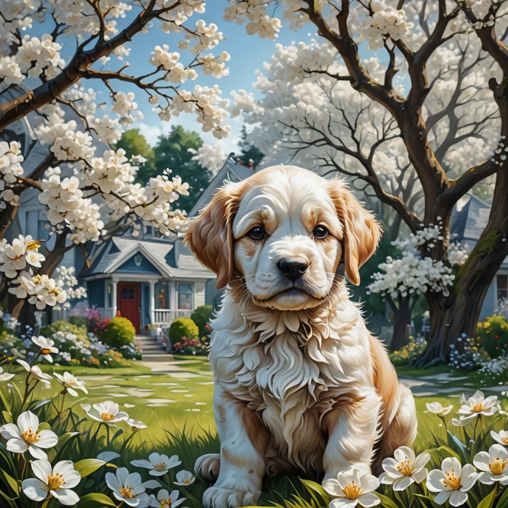 Puppy Love in a Blossoming Yard: 8k Oil Painting