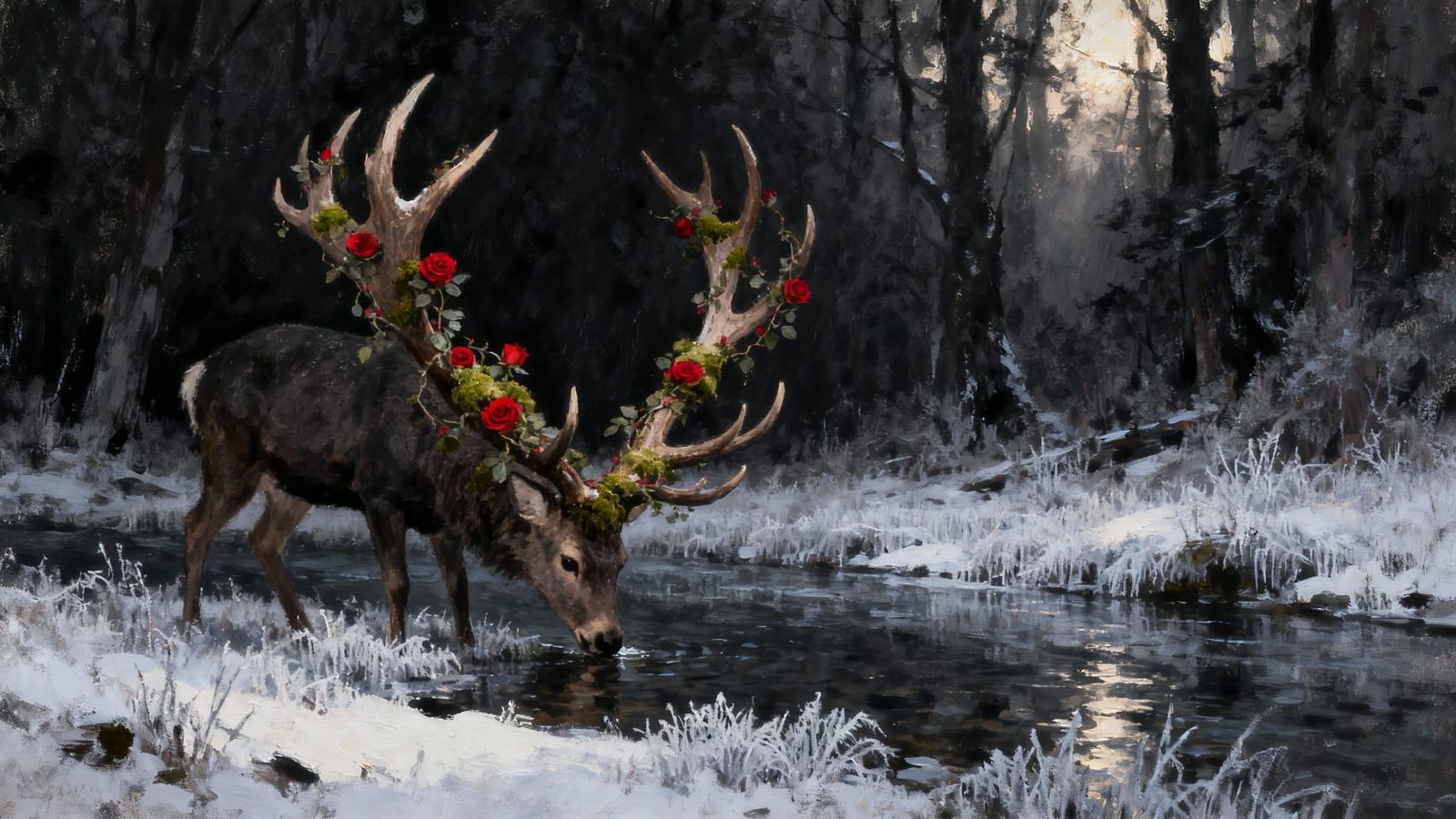 Deer with Mossy Antlers in Snowy Forest Oil Painting