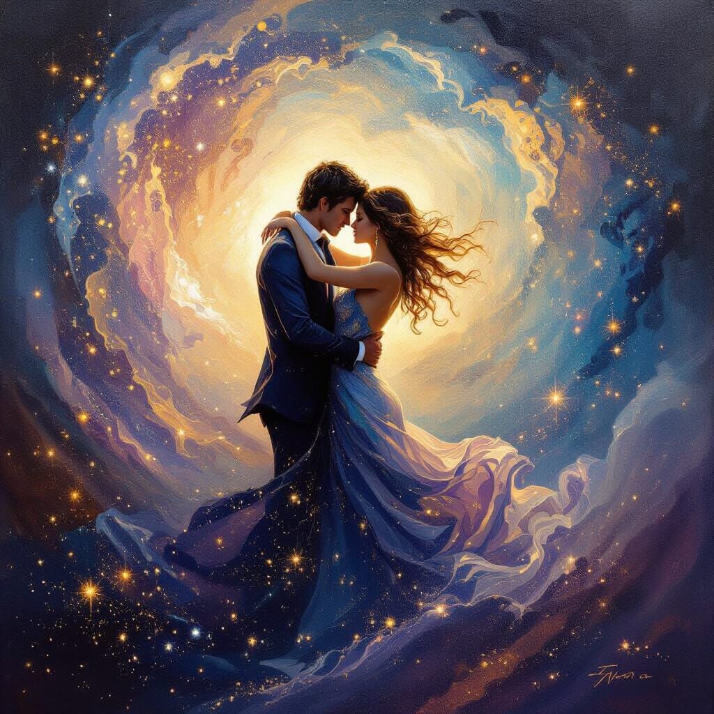 Couple's Eternal Embrace in Cosmic Nebula