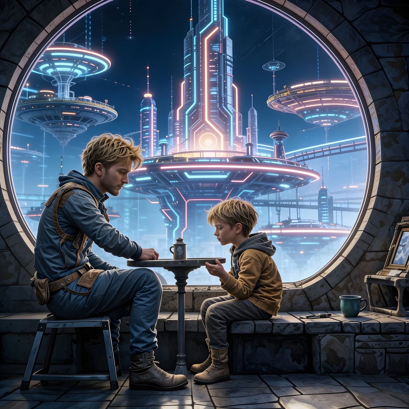 Spacer Father and Son Overlooking Alien City