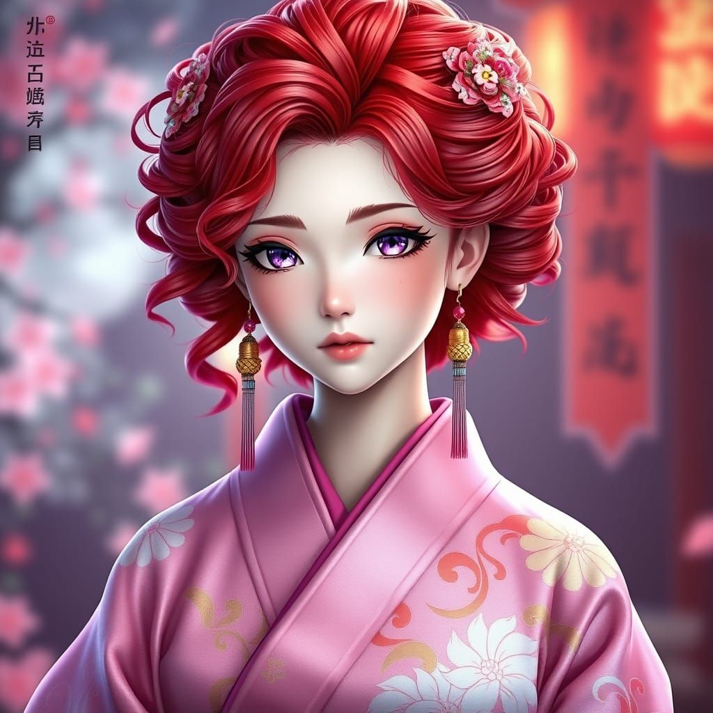 Vibrant Japanese Princess in Pink Kimono with Purple Eyes