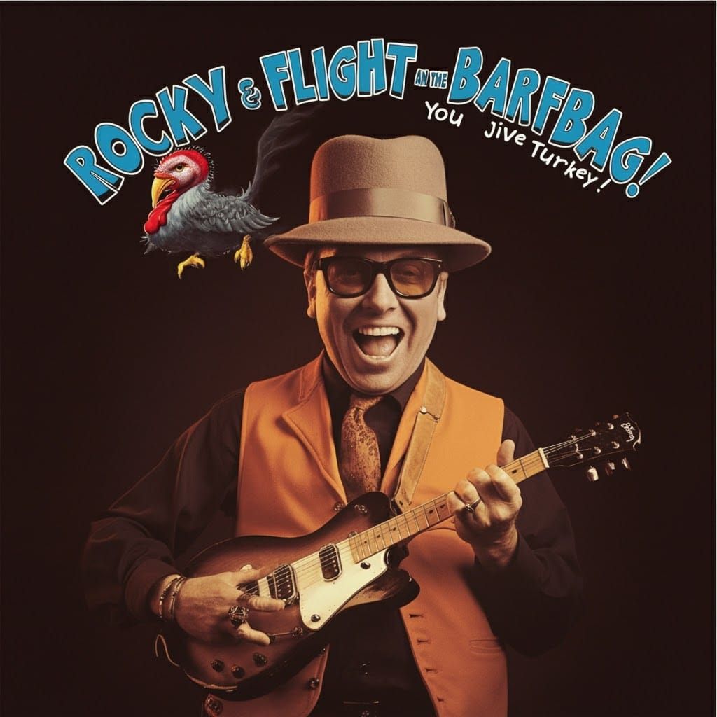 Retro Album Cover with Cartoon Turkey Guitarist