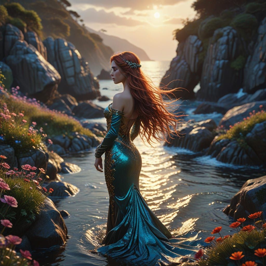 Dreamlike Mermaid Dances on Whimsical Coastline in Cinematic...