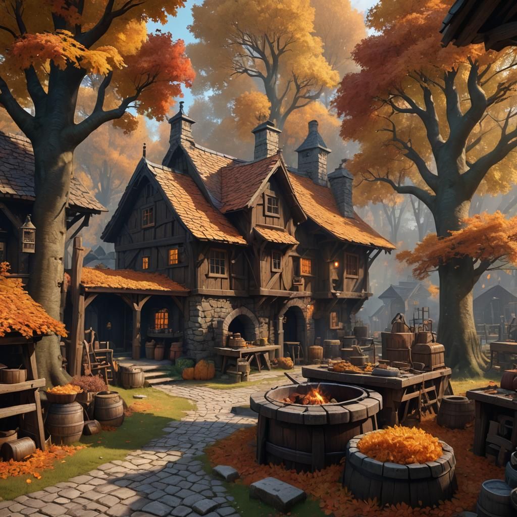 Cozy Blacksmith Shop in Autumn Forest, Matte Painting