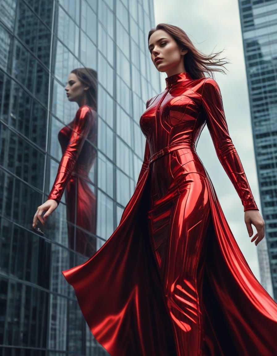 Glass Woman Pushing Skyscraper in Moody HDR