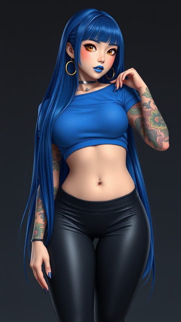 Asian Woman in Confident Stance with Vibrant Blue Hair and T...