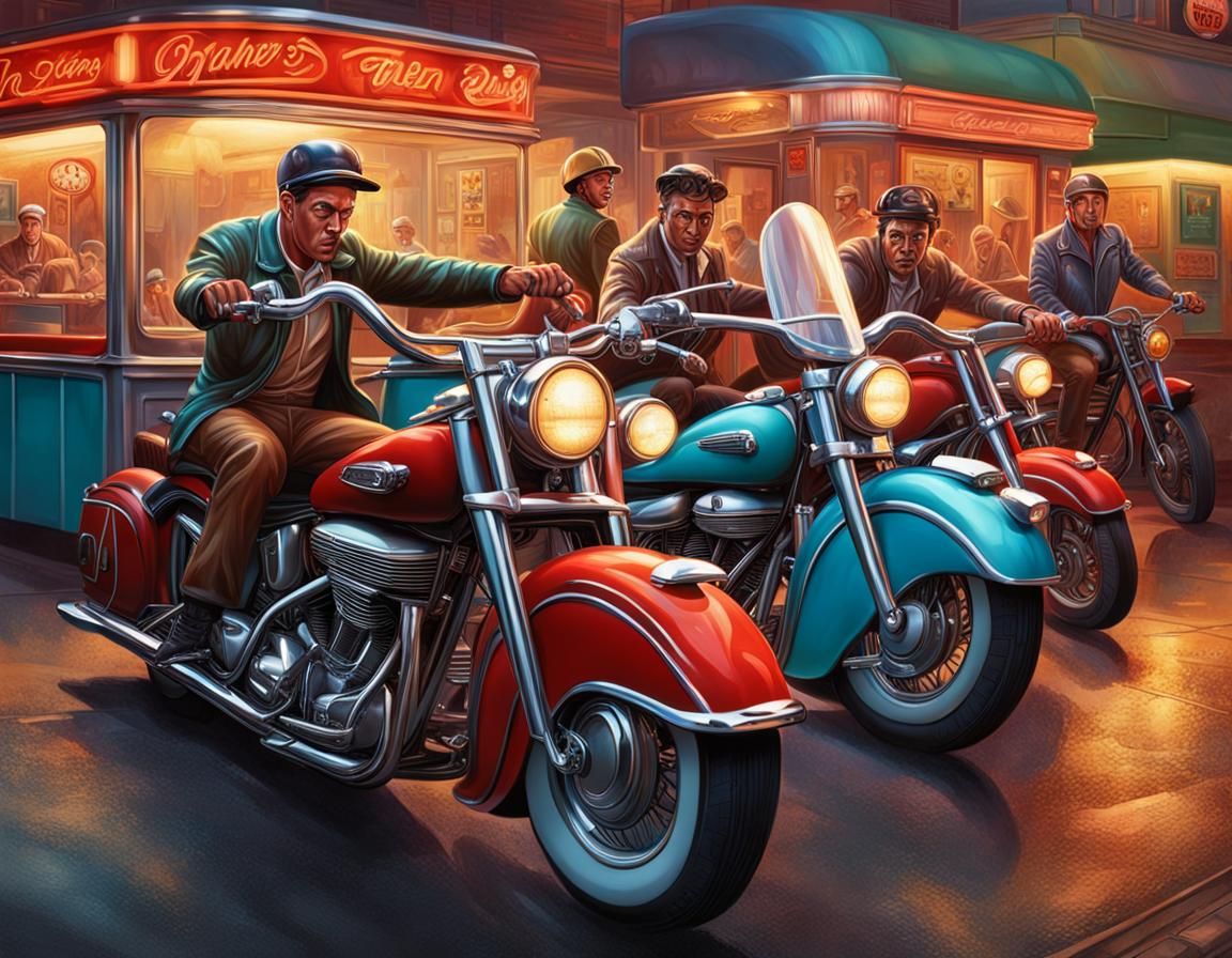 1950s Diner Motorbike Gang in Hyperrealistic Splash Art