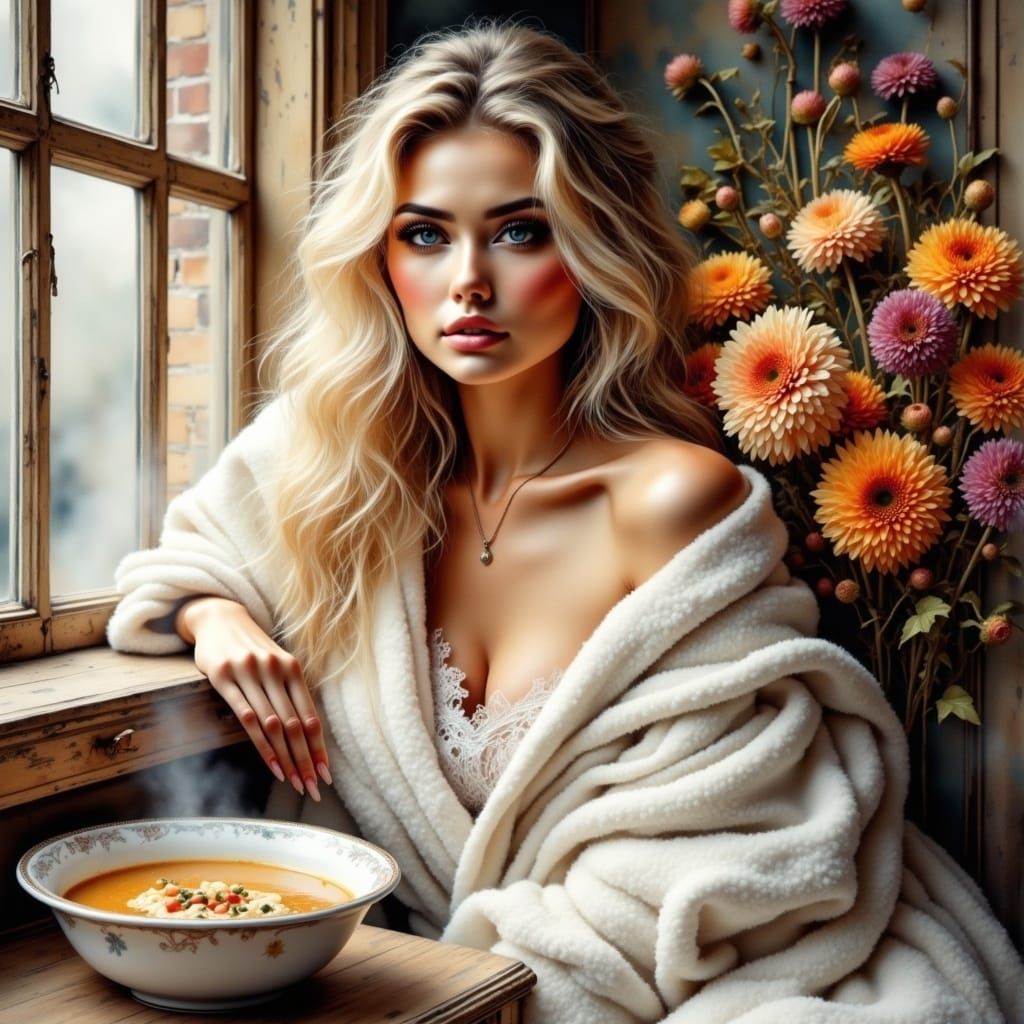 Serene Blonde Woman in Antique Watercolor Style