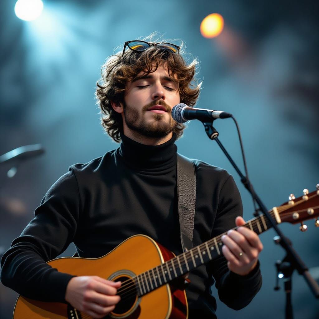 Man Plays Guitar Singing with Eyes Closed, Moody Lighting