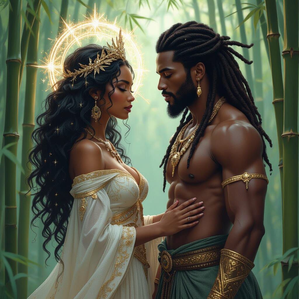 Goddess in Bamboo Forest, Art Nouveau Style