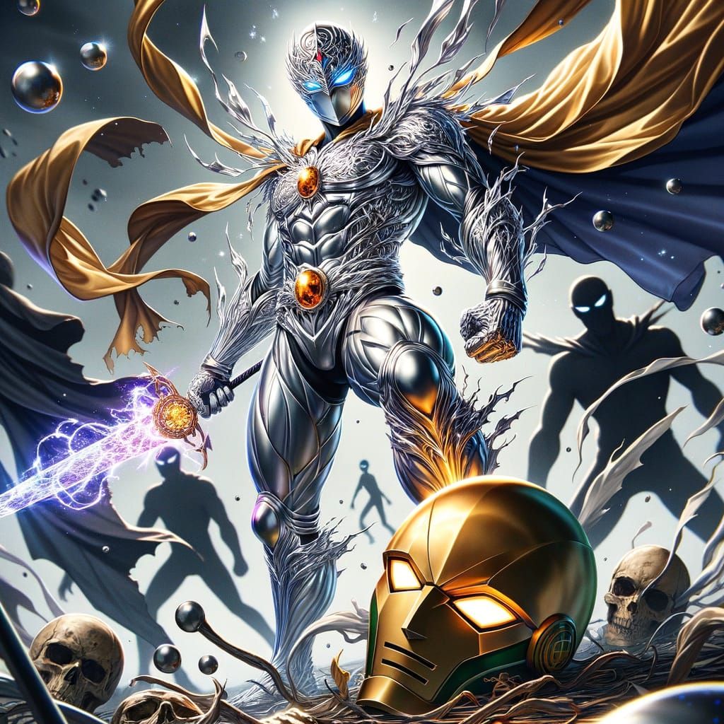 Anime Supervillain Triumphant in Silver Armor