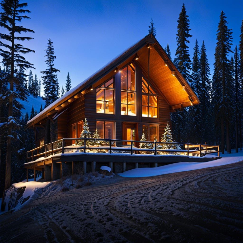 Cozy Winter Cabin at Sunset