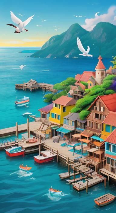 Pixar-Style Fishing Village Scene with Playing Children