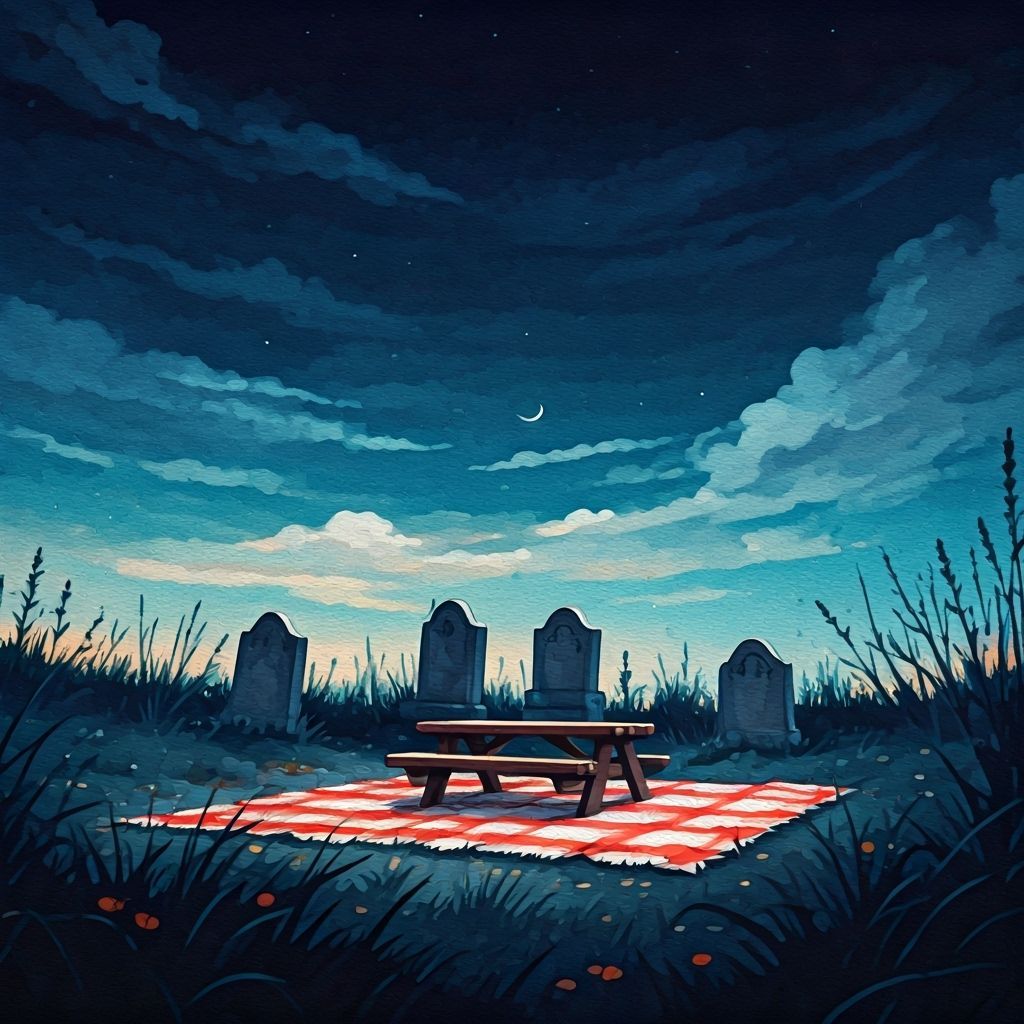 Night Picnic Among Headstones in Watercolor