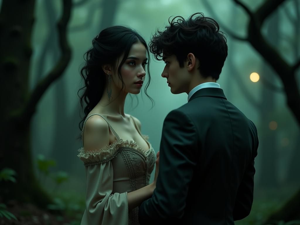 Victorian Woman and Man in Mystical Forest