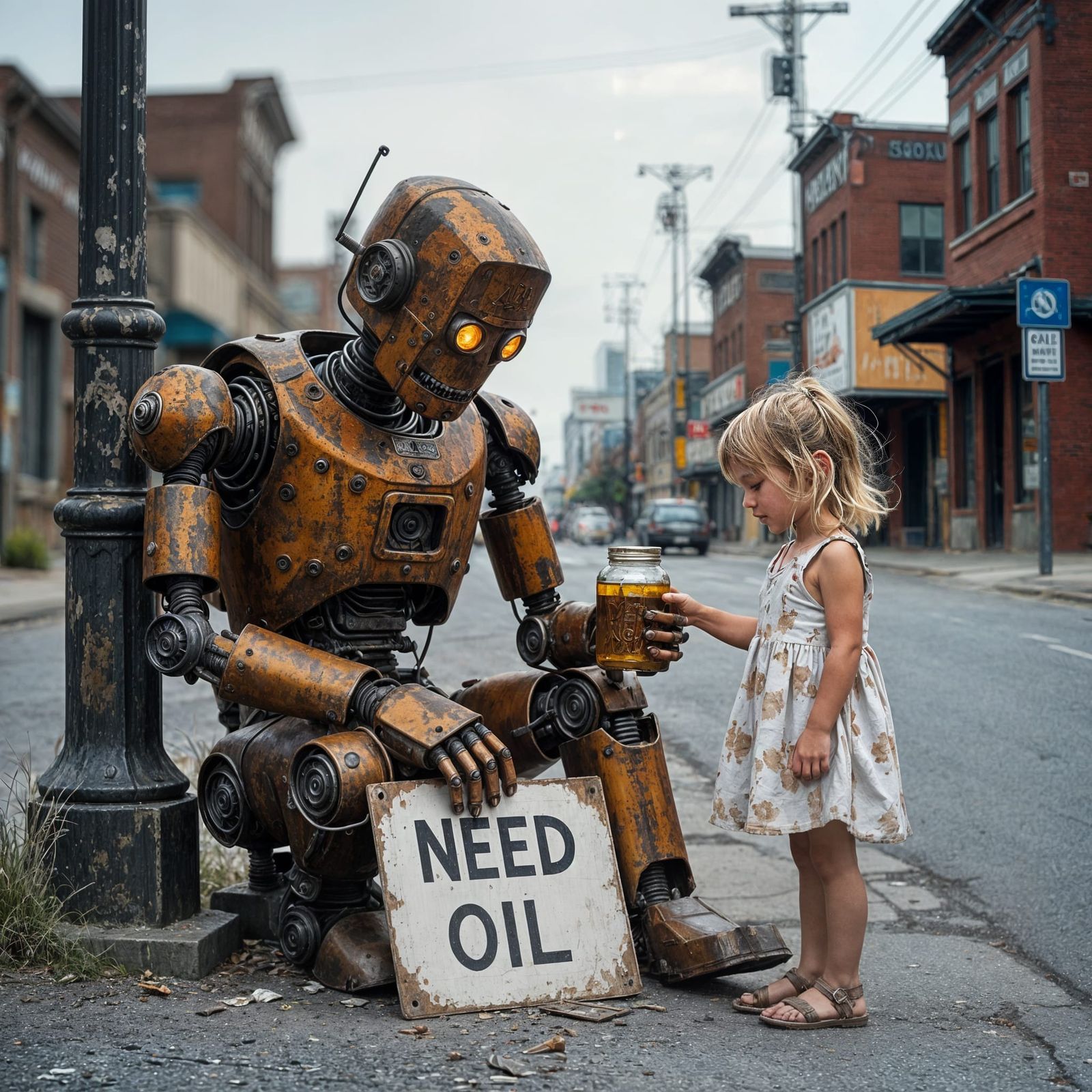Robot Receives Oil from Girl in Dystopian City