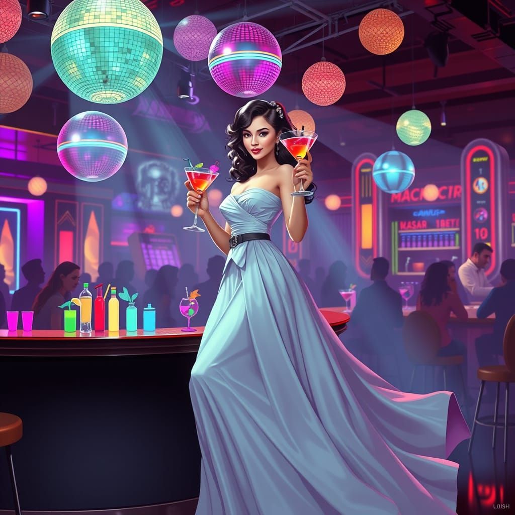 Waitress in Classical Gown Serving Cocktails in Disco