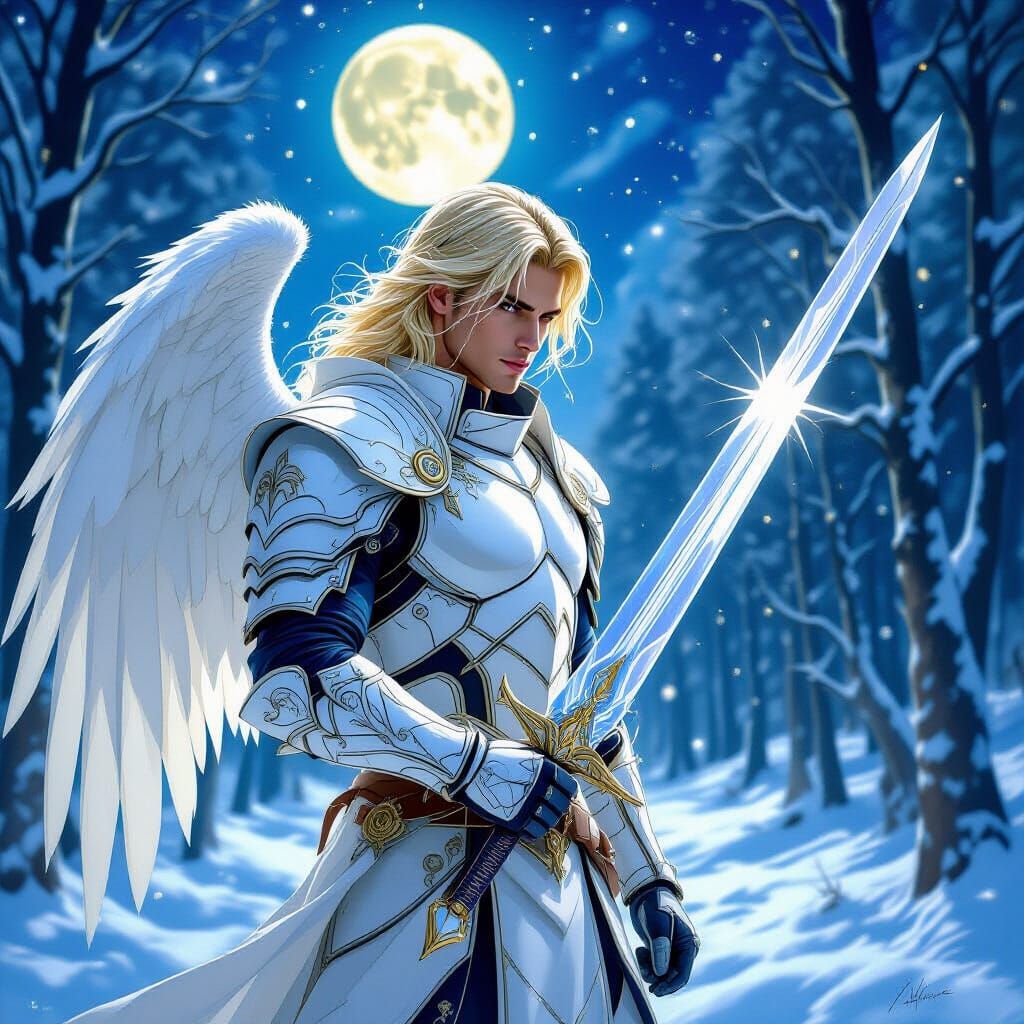 Male Angel with Crystal Sword in Snowy Forest Clearing