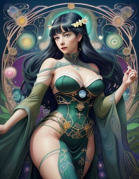 Art Nouveau Anime Portrait with Neon Colors