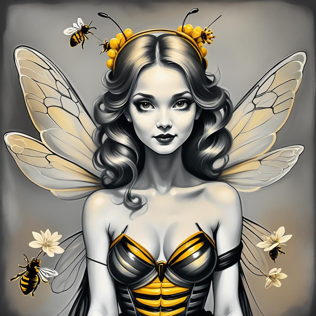 Bee Woman with Wings: Whimsical Charcoal Pinup
